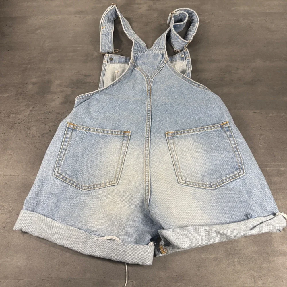 Aeropostale Denim Overalls Women XS Light Wash Cuffed Shortall 90s Style Mom Dad